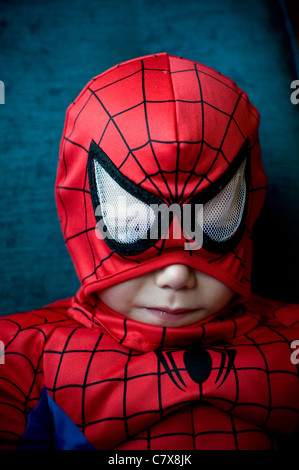 Kleiner Junge gekleidet wie Spiderman, Karneval, Kind, bunte, comic, niedlich, dinky, Gras, Mardi, Maske, Spiderman, spiderman Stockfoto
