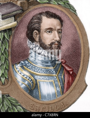 Alonso de Ercilla (1533 – 1594). Spanischer Adliger, Soldat und epischen Dichter. Farbige Gravur. Stockfoto