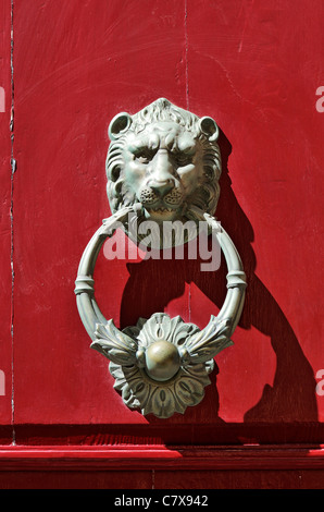 Löwe aus Bronze Türklopfer an roten Tür in Mdina, Malta. Stockfoto