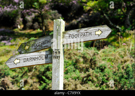 Ein alten hölzernen Fußweg Vorzeichen auf Goathland, England getroffen. Stockfoto