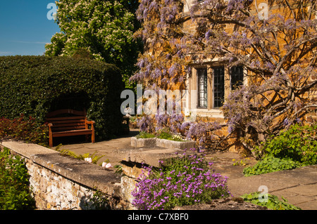 Die reiche Sandsteinwände der Coton Manor bedeckt mit alten Glyzinien auf der Gartenterrasse, Coton, Northamptonshire, England Stockfoto