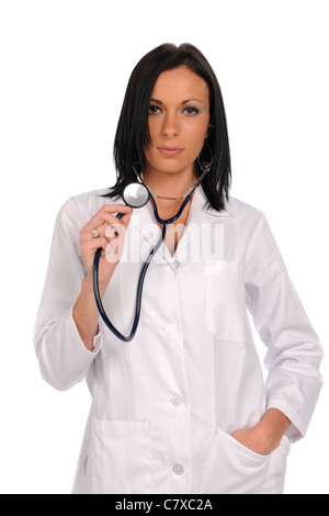 Junger Arzt mit Stethoskop isoliert auf weißem Hintergrund Stockfoto