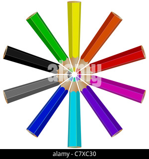 Bleistifte Kreis Anordnung vor weißem Hintergrund, abstrakte Kunst-Vektorgrafik Stockfoto