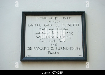 Gedenktafel an eine ehemalige Wohnhaus des Maler Dante Gabriel Rossetti und Edward Burne-Jones, und Schriftsteller und Künstler William Morris Stockfoto