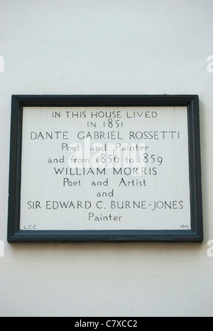 Gedenktafel an eine ehemalige Wohnhaus des Maler Dante Gabriel Rossetti und Edward Burne-Jones, und Schriftsteller und Künstler William Morris Stockfoto