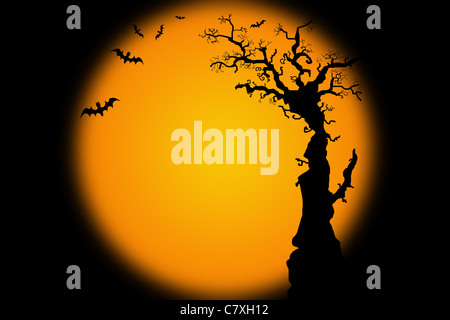 Halloween Hintergrund Illustration mit Fledermaus und Baum silhouette Stockfoto