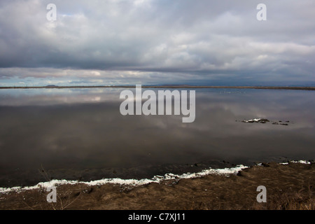 Wolken schweben über und spiegeln sich in den restaurierten Salinen entlang der Südspitze der Bucht von San Francisco. Stockfoto