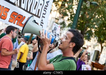 Demonstration gegen den IWF, Sparmaßnahmen und Verteidigung der Beschäftigung, Löhne und Renten. Lissabon, 1. Oktober 2011. Stockfoto