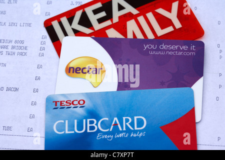 UK Kundenkarten einschließlich Nektar Tesco Clubcard und Ikea Familienkarte auf Quittung speichern Stockfoto