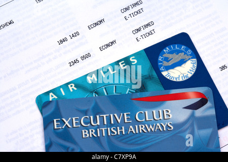 British Airways Executive Club Card airmiles Card und e-ticket BA Flug Bestätigung Rebranded als avios und nun zurück zu Ba miles Stockfoto