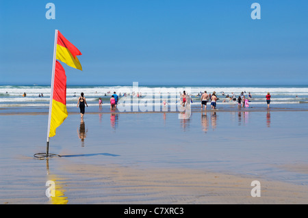 RNLI sicheres Baden Flagge auf Westward Ho! Strand an der Küste von North Devon, England. Stockfoto