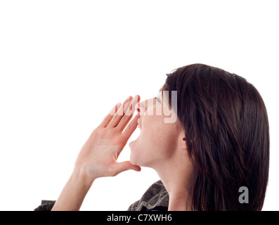 Seitenansicht einer Frau schreien isoliert auf weißem Hintergrund Stockfoto