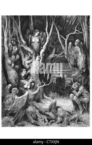 Hier machen die rohen Harpyien ihr Nest Ghule Ghul geflügelte Engel des Todes Fawn verwurzelt Wurzel Wurzeln Stockfoto