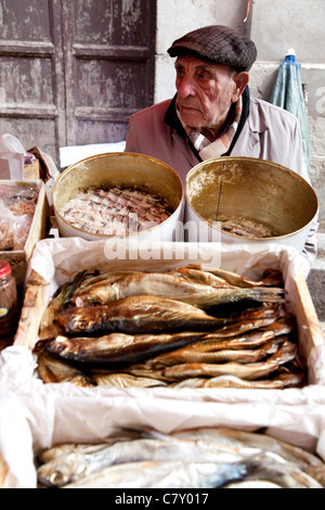 Älterer Mann an einem traditionellen Geschäft mit Meeresfrüchten sitzen und getrockneten Fisch am Capo, Alter Markt in Palermo, Sizilien, Sicilia, Italien Stockfoto