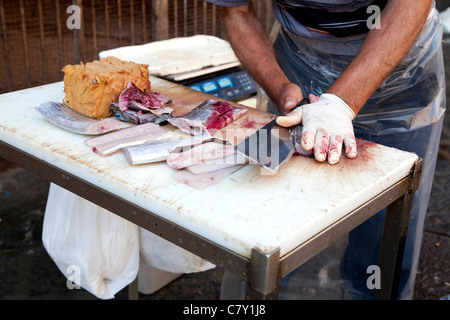 Traditionelle Fish shop Verkauf Meeresfrüchte am alten Markt in Catania, Sizilien, Sicilia, Italien Stockfoto