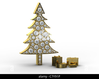 Goldener Weihnachtsbaum mit Diamanten und Geschenk-Boxen auf weißem Hintergrund Stockfoto
