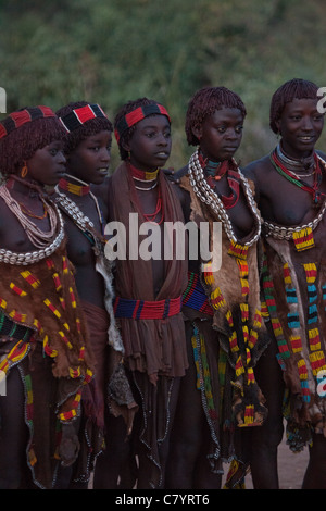 Traditionell gekleidete Hamer Frau bei Tanz Zeremonie, Konso, Omo-Tal, Äthiopien, Afrika Stockfoto