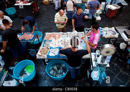 Traditionelle Fish shop Verkauf Meeresfrüchte am alten Markt in Catania, Sizilien, Sicilia, Italien Stockfoto