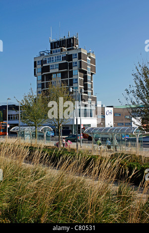 Ziergräser und Bäume schmücken die Straßen und erweichen die Umrisse der Bürogebäude in der Innenstadt von Corby Stockfoto