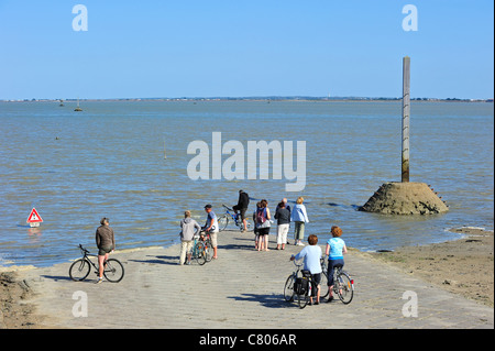 Touristen auf der Passage du Gois / Gôa Damm von Beauvoir-Sur-Mer, Île de Noirmoutier, La Vendée, Pays De La Loire, Frankreich Stockfoto