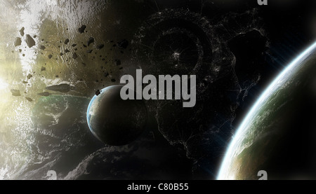 Zwei alien Zerstörer Schiffe patrouillieren die Umlaufbahn ihrer immens große Heimatwelt. Stockfoto