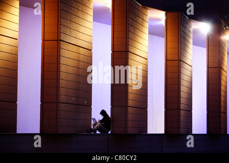 Computer-Benutzer, Hacker, verschwörerisch, sitzt außen, mit einem Laptop. Symbolbild, Computer-Internet-Kriminalität. Stockfoto