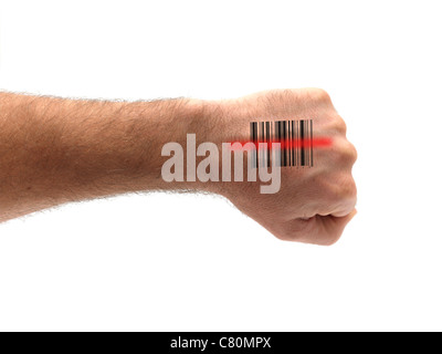 Eine Hand geformt mit einem Barcode auf dem weißen Hintergrund isoliert Stockfoto