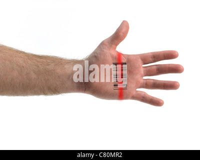 Eine Hand mit einem Barcode auf dem weißen Hintergrund isoliert Stockfoto