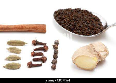 Typische Zutaten für indische Chai Tee wie Nelken, Pfeffer, Kardamom, Ingwer und Zimt. Stockfoto