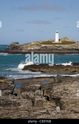 Der Leuchtturm auf Godrevy Insel, St Ives Bay, Cornwall, England. Stockfoto