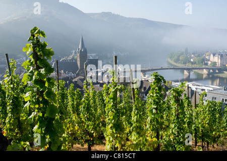 Am frühen Morgen Blick auf Bernkastel-Kues Dorf vom Weingut an der Mosel im Moseltal in Deutschland Stockfoto