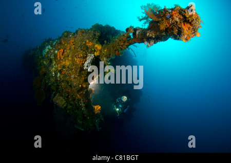 Taucher im Schiff Wrack Unterwasser, Lembeh, Indonesien, Korallenriff, blaues Wasser, Taucher, weibliche Taucher, ovale Maske, tief, Ozean, Tauchen. Stockfoto