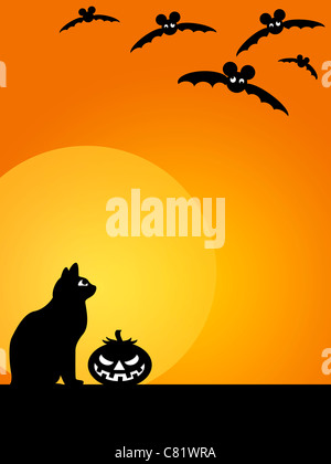 Halloween geschnitzten Kürbis schwarze Katze Mond und fliegende Fledermäuse Illustration Stockfoto