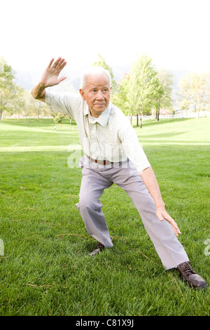 Hochrangige chinesische Mann tut Tai Chi im freien Stockfoto