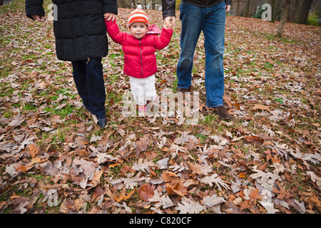 Kaukasische Eltern gehen mit Tochter durch Herbstlaub Stockfoto