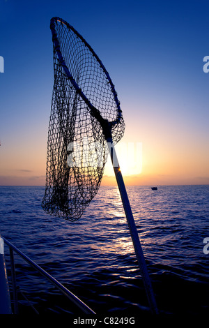 Tauchen Sie Net im Boot Fischen auf Sonnenaufgang Wasserhorizont Stockfoto