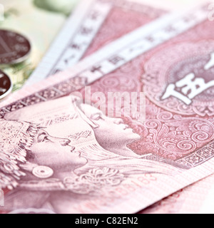 Chinesische Yuan Renminbi Banknoten und Münzen-Nahaufnahme Stockfoto