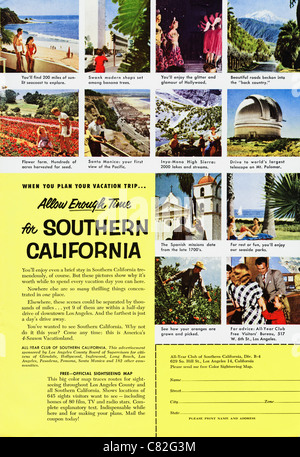 Amerikanischen Magazin Werbung ca. 1954 Werbung Urlaub in Süd-Kalifornien Stockfoto