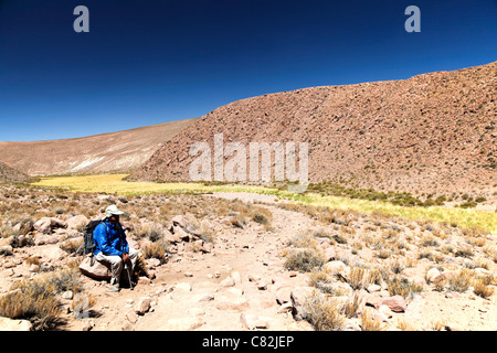 Wanderer ruht im Rio Grande Valley, Atacamawüste, Chile Stockfoto