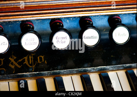 Ziehen Sie Haltestellen am Harmonium Stockfoto