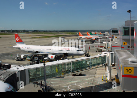 Viele Flugzeuge parken am Flughafen Gatwick. Flugzeuge Flugzeugtransport Stockfoto