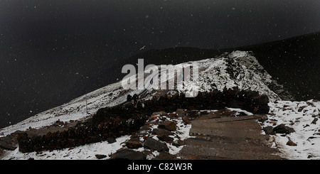 TOURISTEN SIND VON BLIZZARD EIN SOMMER AUF DEM GIPFEL DES MOUNT SNOWDON, WALES ERTAPPT Stockfoto