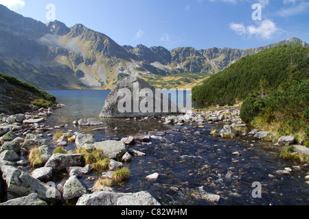 Tal der 5 Seen, in der hohen Tatra Polens. Stream von See Wielki wegführt. Stockfoto