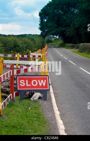 Auf einer Landstraße in der Nähe von Bridgend, Südwales, befindet sich ein langsames Schild, das auf die laufenden Bauarbeiten und die Notwendigkeit der Vorsicht hinweist. Das Schild weist den Fahrer darauf hin, langsamer zu fahren und sich auf mögliche Gefahren aufgrund von Straßenreparaturen zu achten. Stockfoto