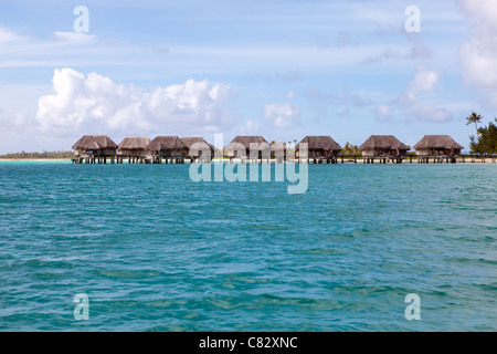 Seeküste mit Palmen und kleinen Häusern auf dem Wasser. Stockfoto