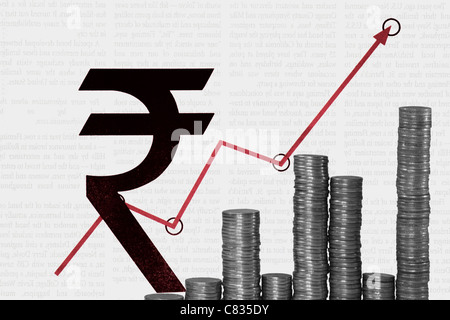 Münze-Stack mit Pfeil, Balkendiagramm Stockfoto
