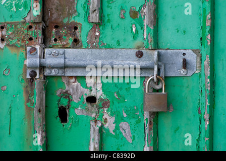 Alte grüne Holztür mit großen Riegel und Vorhängeschloss. Stockfoto