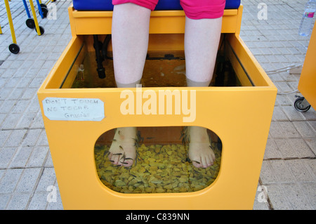 Frau, die Fisch Pediküre an Uferpromenade, La Pineda Platja, Costa Daurada, Provinz Tarragona, Katalonien, Spanien Stockfoto