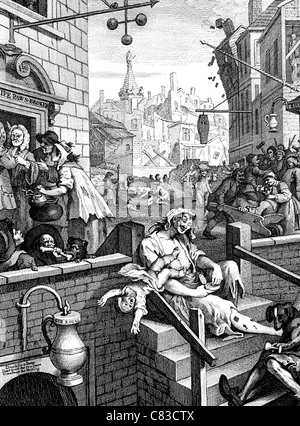 GIN LANE 1751 Kupferstich von William Hogarth Stockfoto