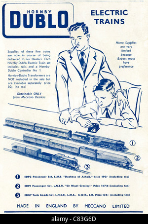 Hobby Magazin Werbung ca. 1948 Werbung HORNBY DUBLO ELEKTROZÜGE hergestellt in England von Meccano Stockfoto